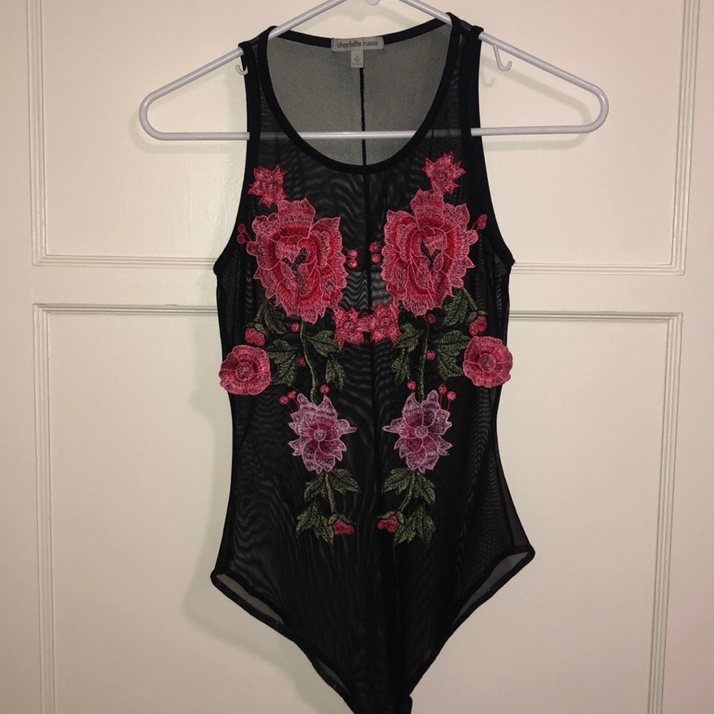 Mesh floral embroidered bodysuit